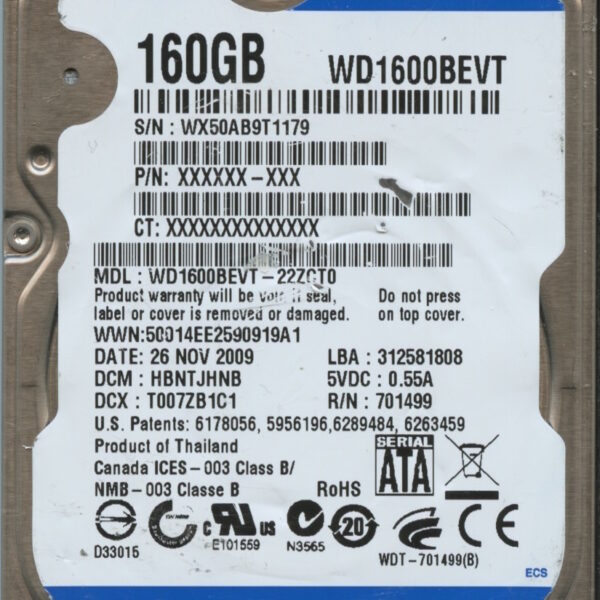 WD1600BEVT WX50A 11:09 WESTERN DIGITAL 160GB