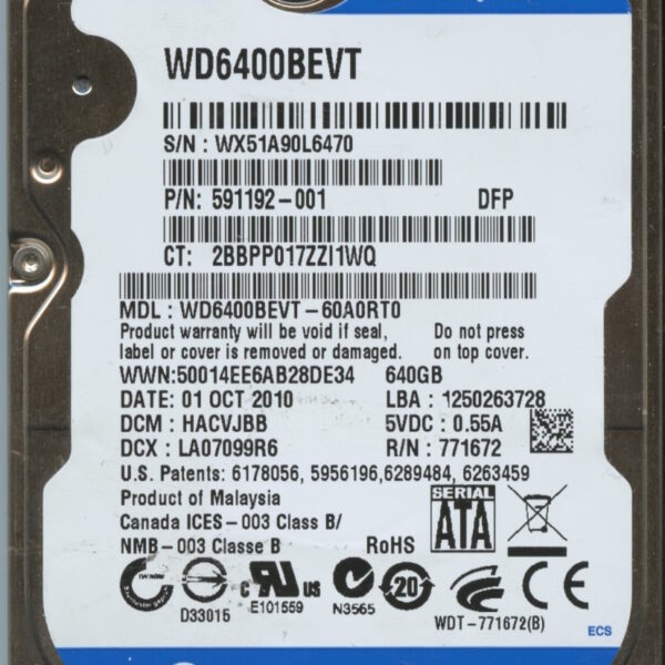 WD6400BEVT WX51A 10:10 WESTERN DIGITAL 640GB