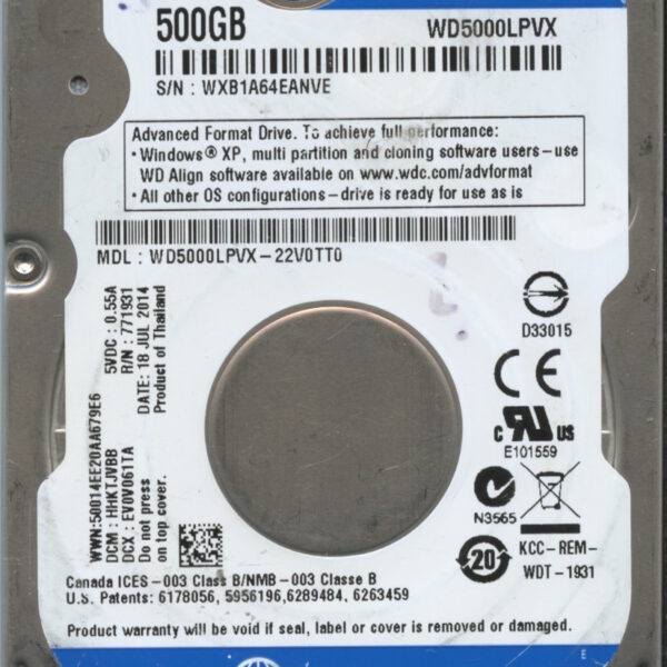 WD5000LPVX WXB1A 07:14 WESTERN DIGITAL 500GB