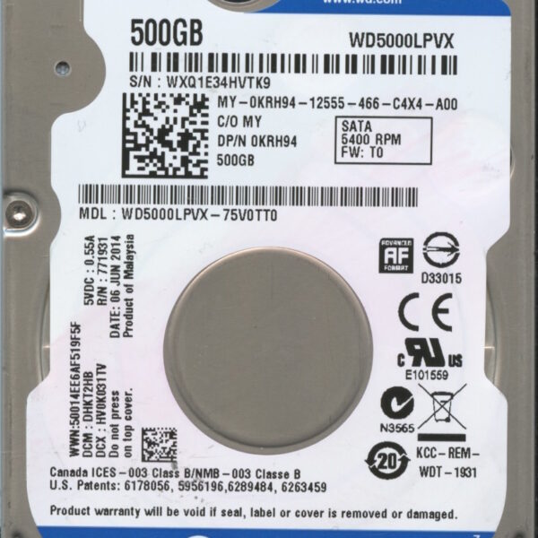 WD5000LPVX WXQ1E 06:14 WESTERN DIGITAL 500GB