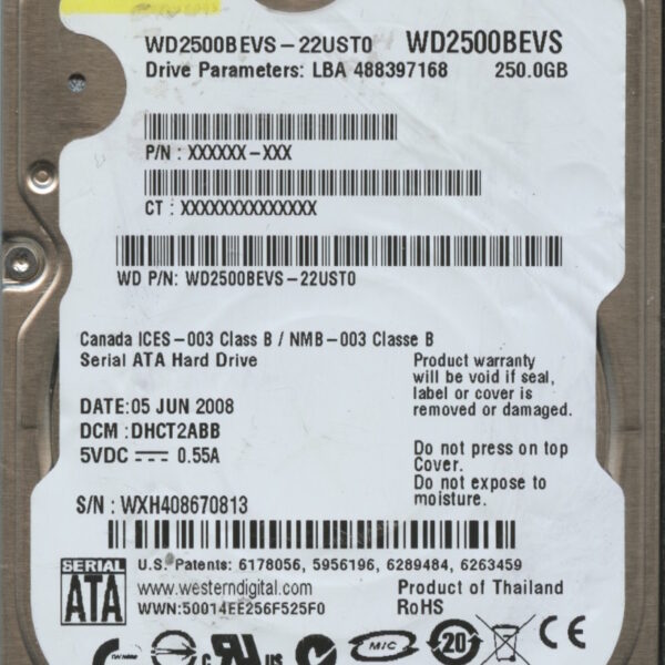 WD2500BEVS WXH40 06:08 WESTERN DIGITAL 500GB