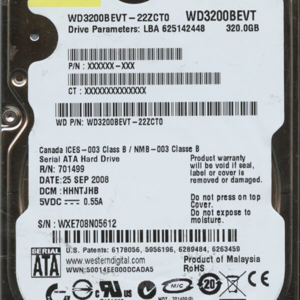 WD3200BEVT WXE70 09:08 WESTERN DIGITAL 320GB