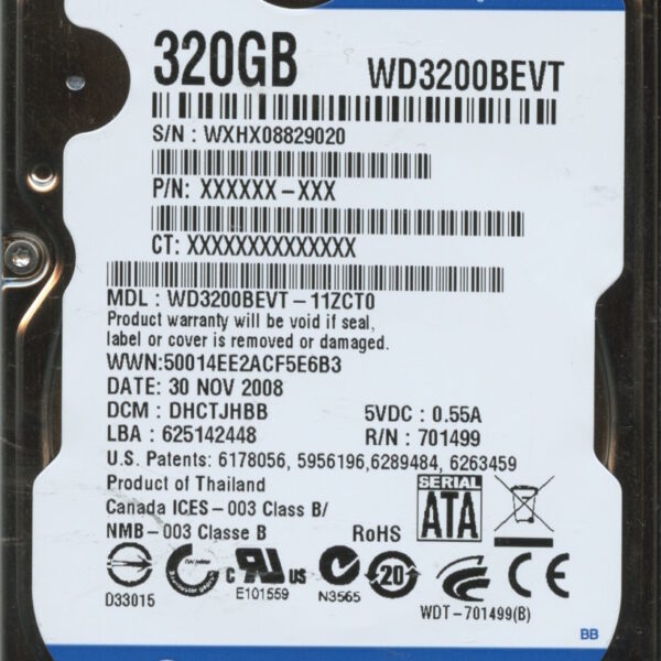 WD3200BEVT WXHX0 11:08 WESTERN DIGITAL 320GB