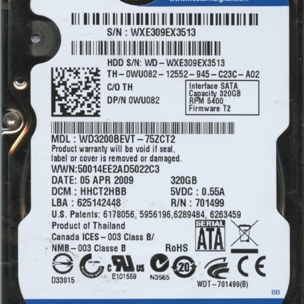 WD3200BEVT WXE30 04:09 WESTERN DIGITAL 320GB