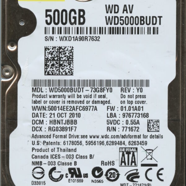 WD5000BUDT WXD1A 10:10 WESTERN DIGITAL 500GB