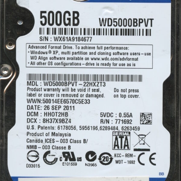 WD5000BPVT WX61A 09:11 WESTERN DIGITAL 500GB