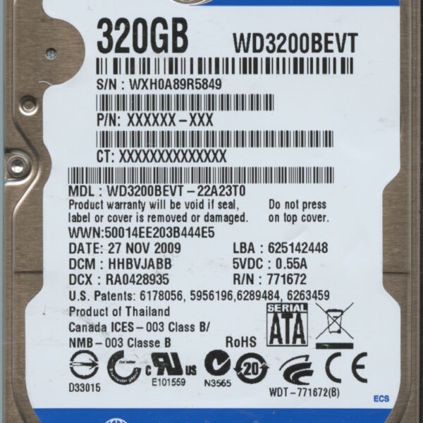 WD3200BEVT WXH0A 11:09 WESTERN DIGITAL 320GB