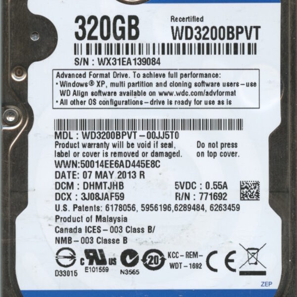 WD3200BPVT WX31E 05:13 WESTERN DIGITAL 320GB