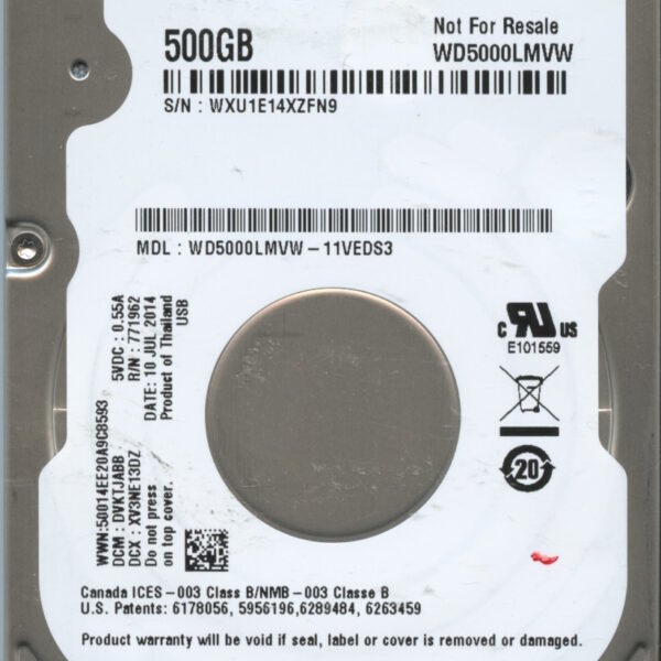 WD5000LMVW WXU1E 07:14 WESTERN DIGITAL 500GB