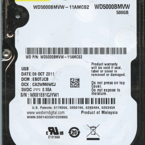 WD5000BMVW WX81E 10:11 WESTERN DIGITAL 500GB