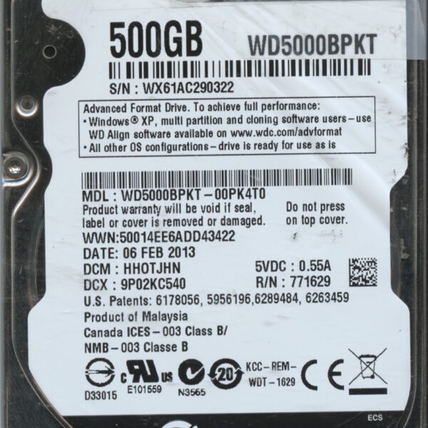 WD5000BPKT WX61A 02:13 WESTERN DIGITAL 500GB