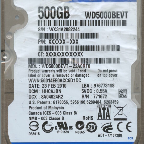 WD5000BEVT WX31A 02:10 WESTERN DIGITAL 500GB