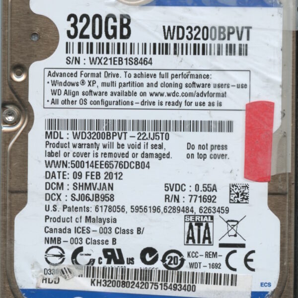 WD3200BPVT WX21E 02:12 WESTERN DIGITAL 320GB