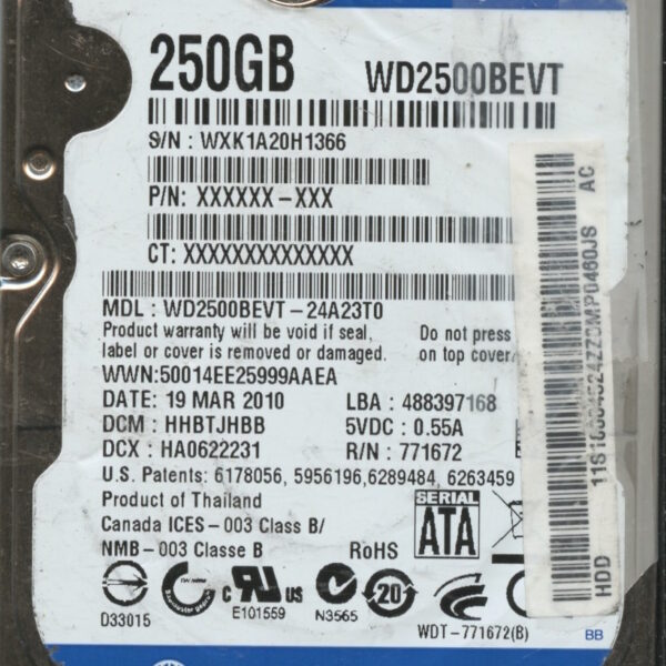 WD2500BEVT WXK1A 03:10 WESTERN DIGITAL 250GB