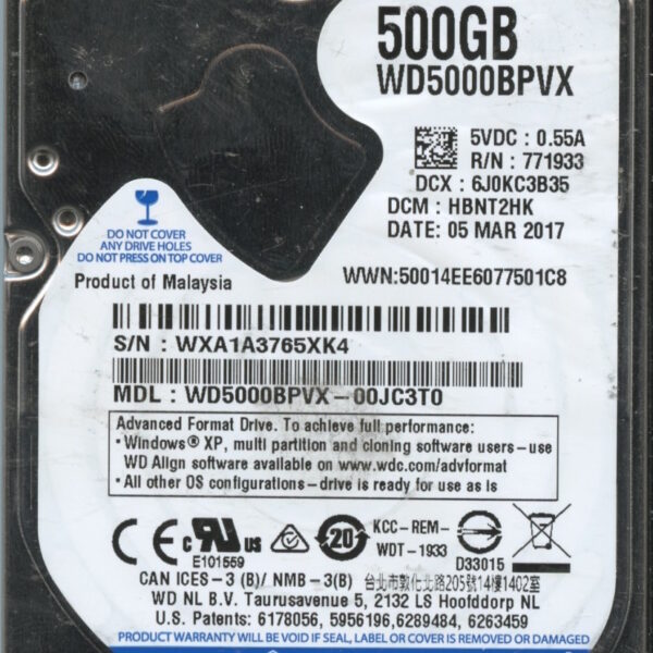 WD5000BPVX WXA1A 03:17 WESTERN DIGITAL 500GB