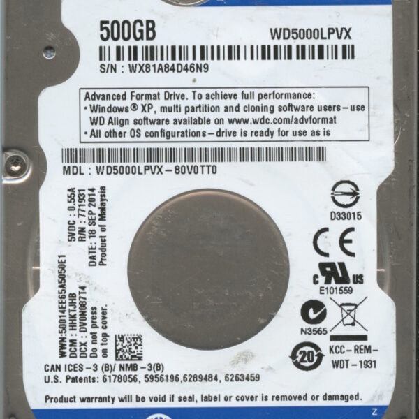 WD5000LPVX WX81A 09:14 WESTERN DIGITAL 500GB