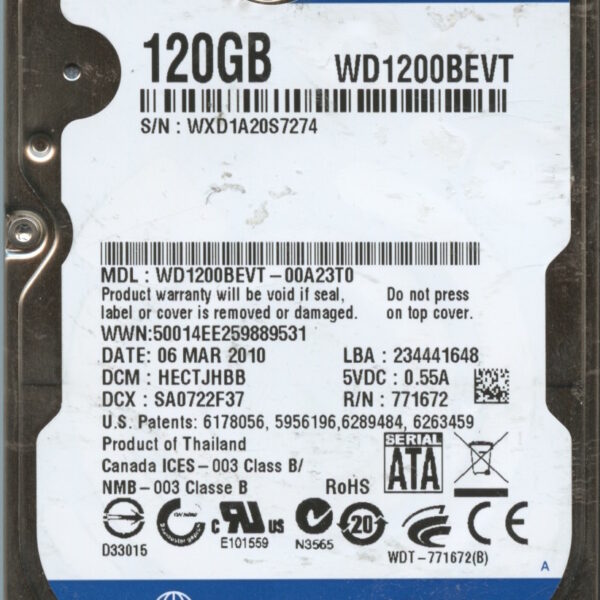 WD1200BEVT WXD1A 03:10 WESTERN DIGITAL 120GB