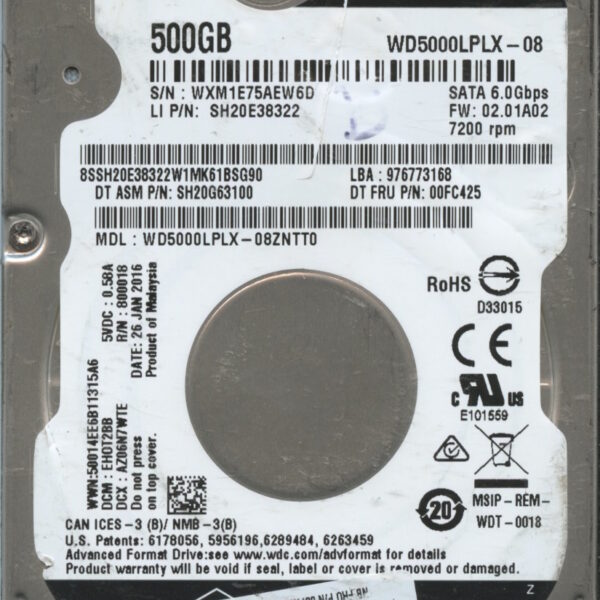 WD5000LPLX WXM1E 01:16 WESTERN DIGITAL 500GB