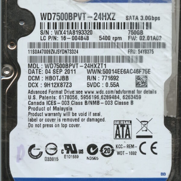 WD7500BPVT-24HXZ WX41A 09:11 WESTERN DIGITAL 750GB