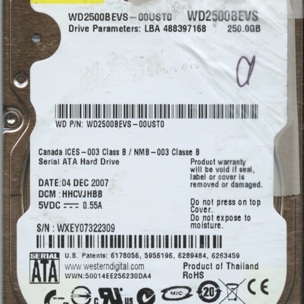 WD2500BEVS WXEY0 12:07 WESTERN DIGITAL 250GB