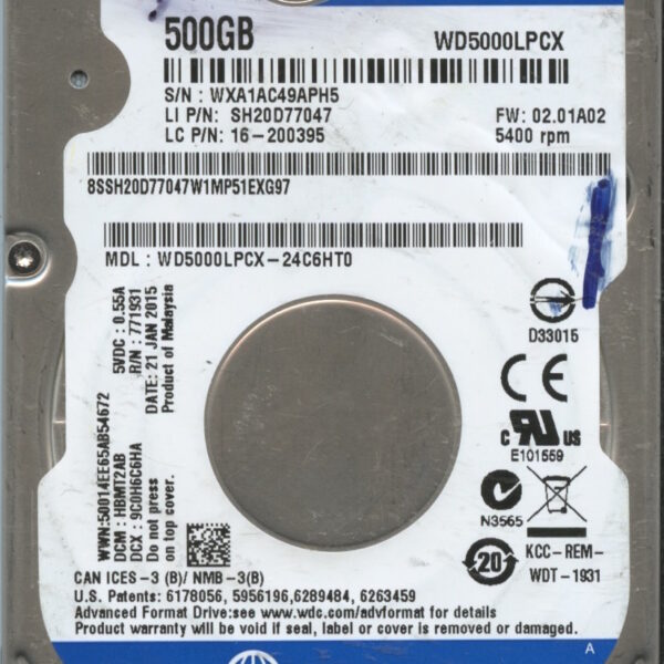 WD5000LPCX WXA1A 01:15 WESTERN DIGITAL 500GB