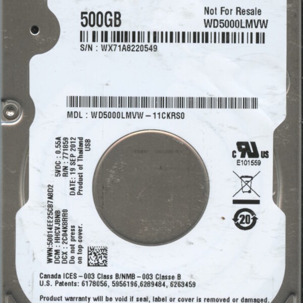 WD5000LMVW WX71A 09:12 WESTERN DIGITAL 500GB