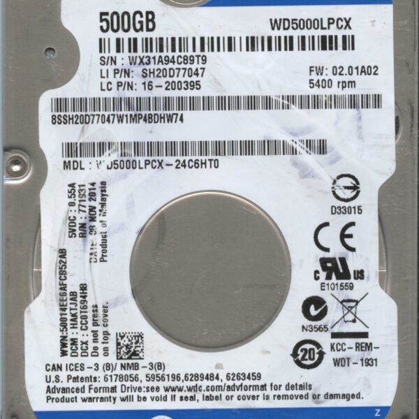 WD5000LPCX WX31A 11:14 WESTERN DIGITAL 500GB