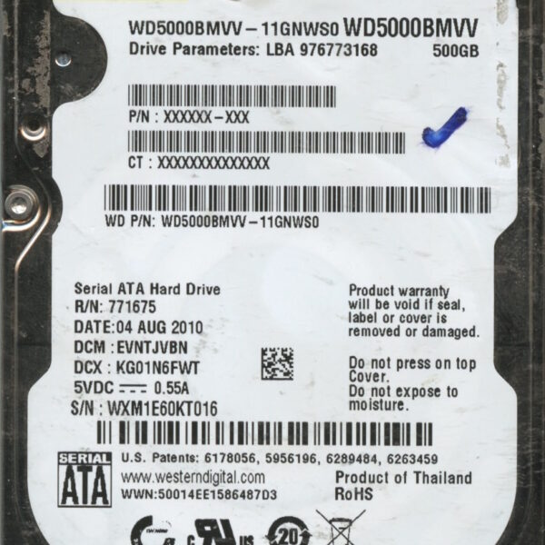 WD5000BMVV WXM1E 08:10 WESTERN DIGITAL 500GB