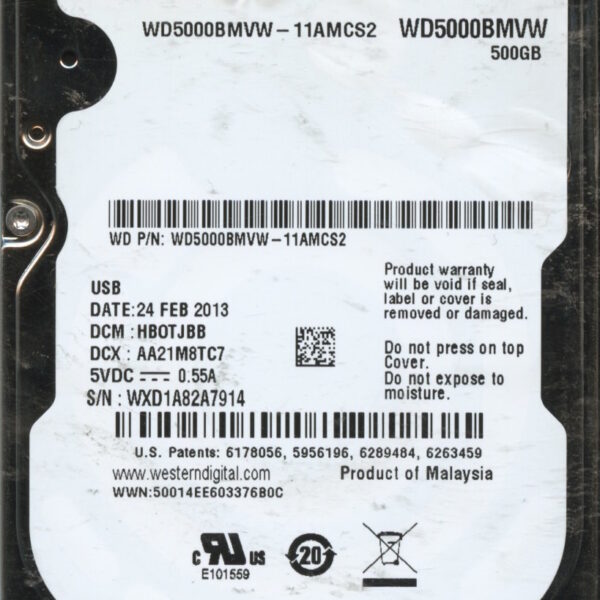 WD5000BMVW WXD1A 02:13 WESTERN DIGITAL 500GB