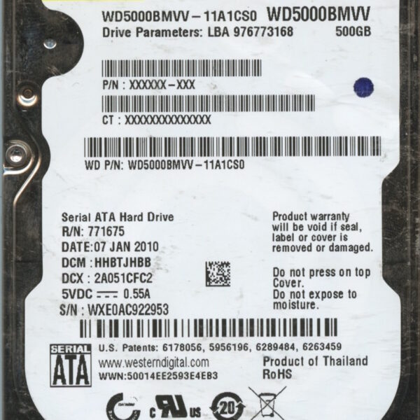 WD5000BMVV WXE0A 01:10 WESTERN DIGITAL 500GB