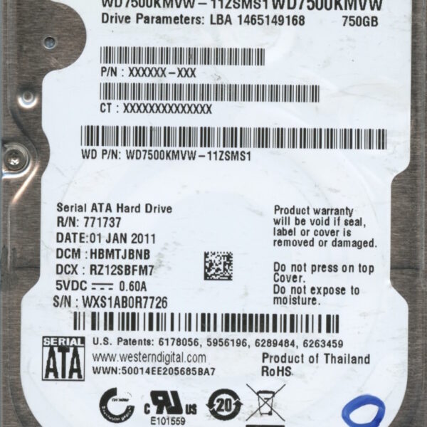 WD7500KMVW WXS1A 01:11 WESTERN DIGITAL 750GB