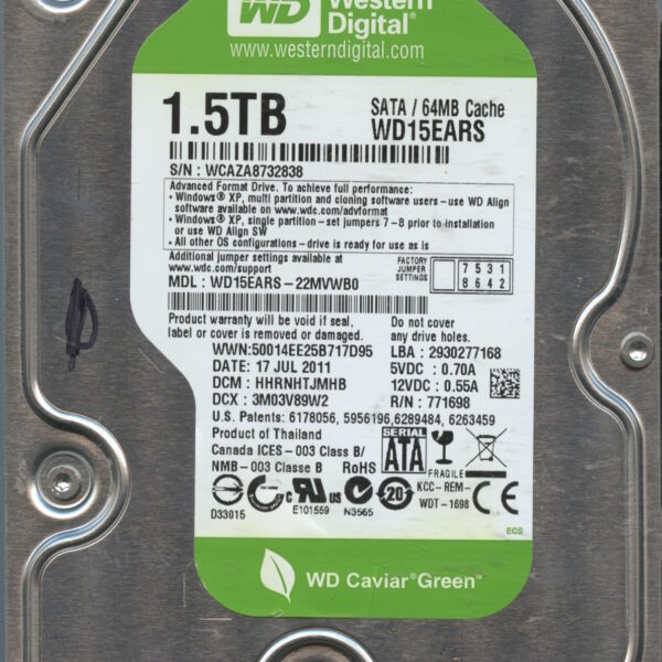 WD15EARS WCAZA 07:11 WESTERN DIGITAL 1.5TB