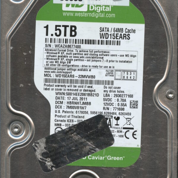 WD15EARS WCAZA 07:11 WESTERN DIGITAL 1.5TB