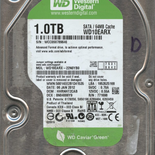 WD10EARX WCC0S 01:12 WESTERN DIGITAL 1TB