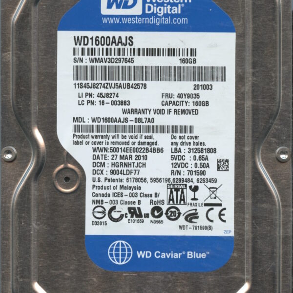 WD1600AAJS WMAV3 03:10 WESTERN DIGITAL 160GB