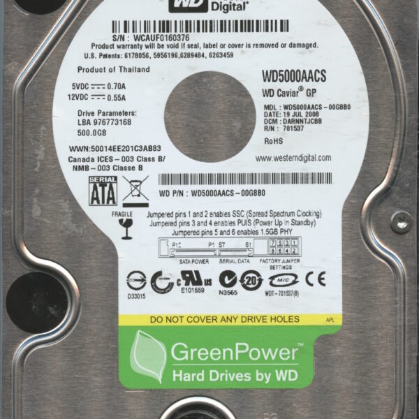 WD5000AACS WCAUF 07:08 WESTERN DIGITAL 500GB