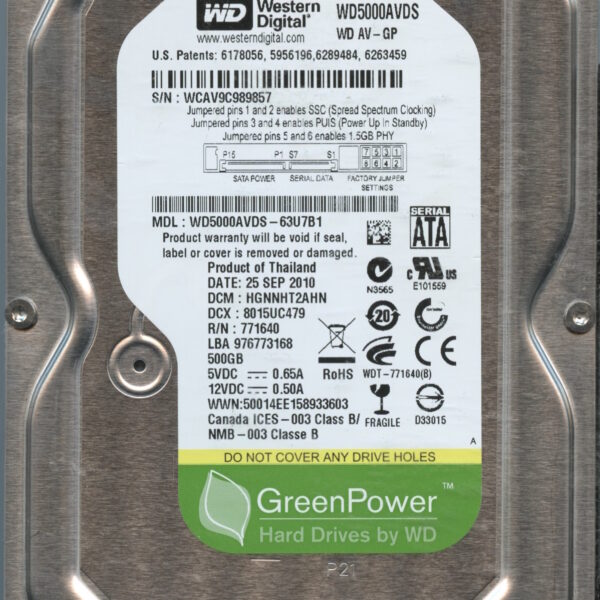 WD5000AVDS WCAV9 09:10 WESTERN DIGITAL 500GB