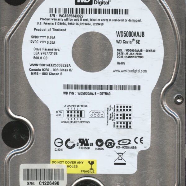 WD5000AAJB WCAS8 01:08 WESTERN DIGITAL 500GB