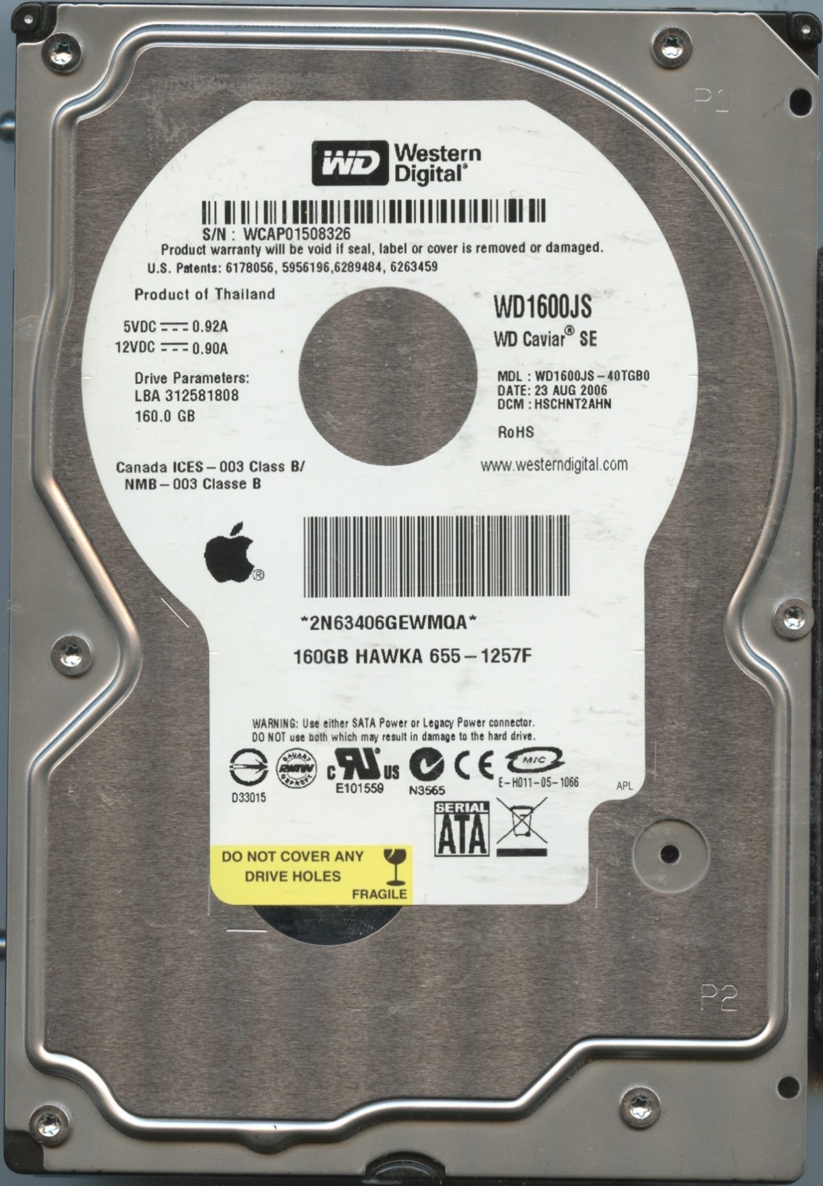 WD5000AAJB WCAS8 01:08 WESTERN DIGITAL 500GB