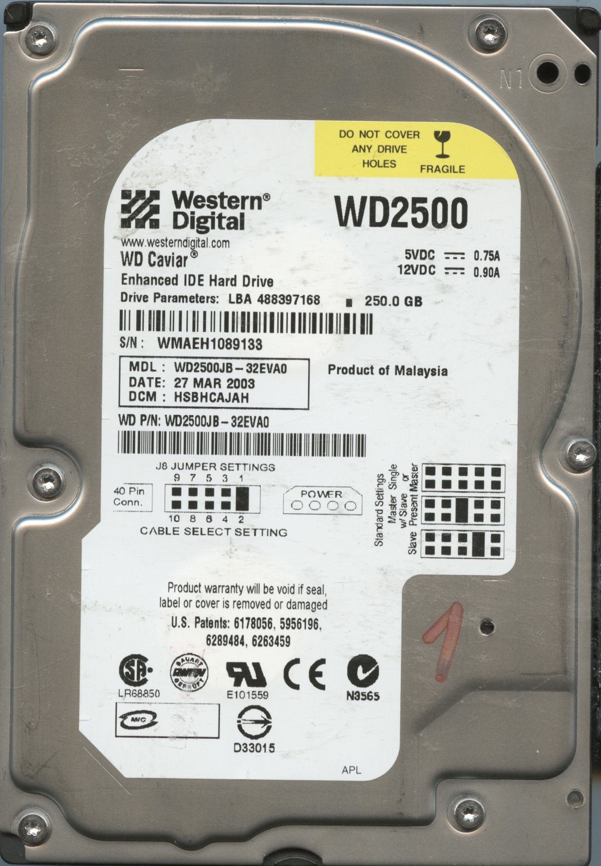 WD2500 WMAEH 03:03 WESTERN DIGITAL 250GB