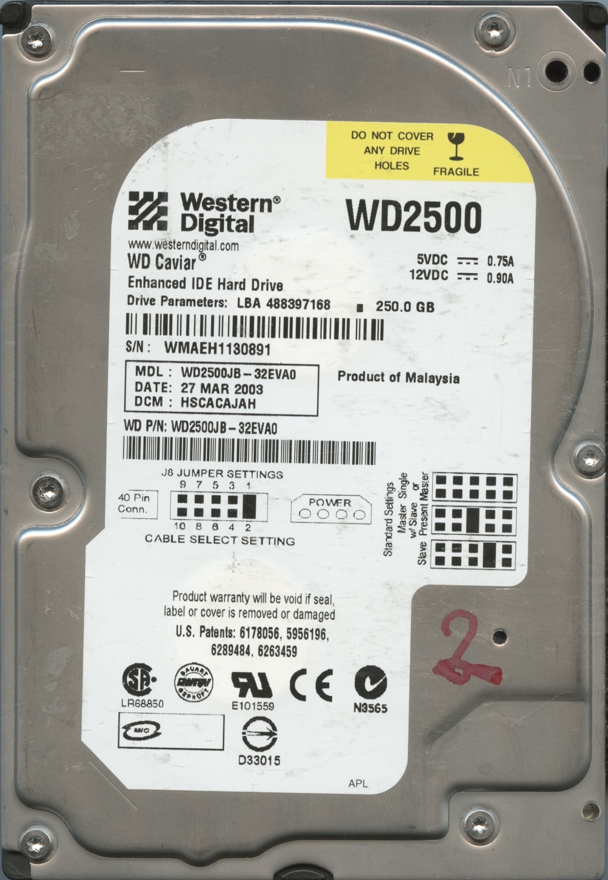 WD2500 WMAEH 03:03 WESTERN DIGITAL 250GB