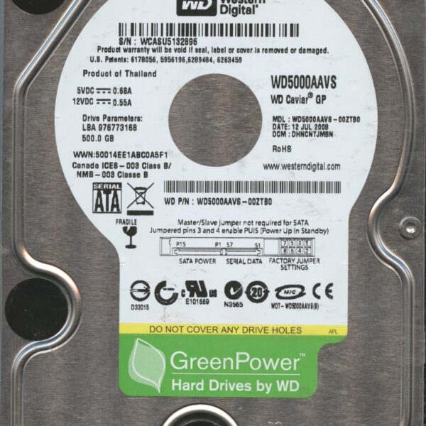 WD5000AAVS WCASU 07:08 WESTERN DIGITAL 500GB