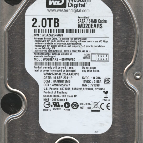 WD20EARS WCAZA 09:11 WESTERN DIGITAL 2TB