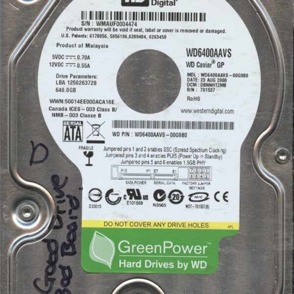 WD6400AAVS WMAUF 08:08 WESTERN DIGITAL 640GB