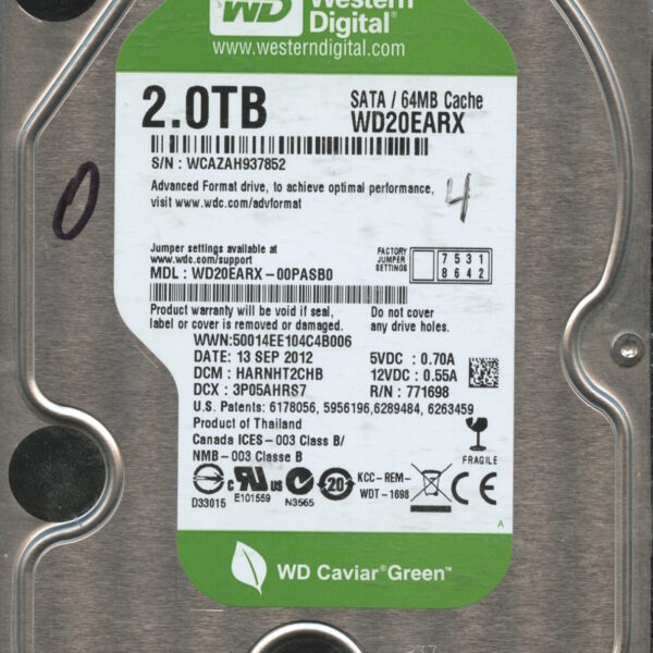 WD20EARX WCAZA 09:12 WESTERN DIGITAL 2TB