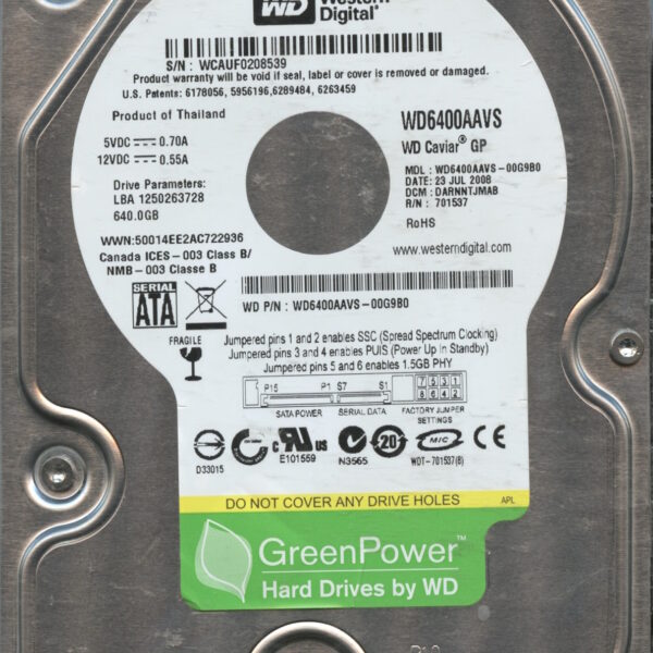 WD6400AAVS WCAUF 07:08 WESTERN DIGITAL 640GB