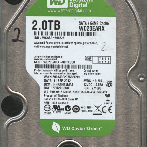 WD20EARX WCAZA 09:12 WESTERN DIGITAL 2TB