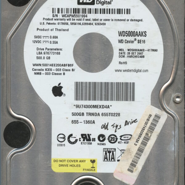 WD5000AAKS WCAPW 10:07 WESTERN DIGITAL 500GB