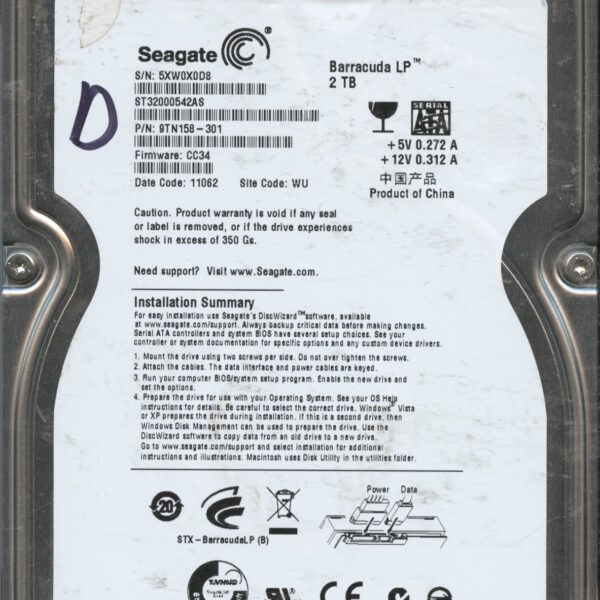 ST32000542AS 9TN158-301 CC34 5XW0X 2TB HDD