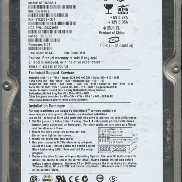 ST3160021A 9W2001-371 8.01 5JS7F 160GB HDD